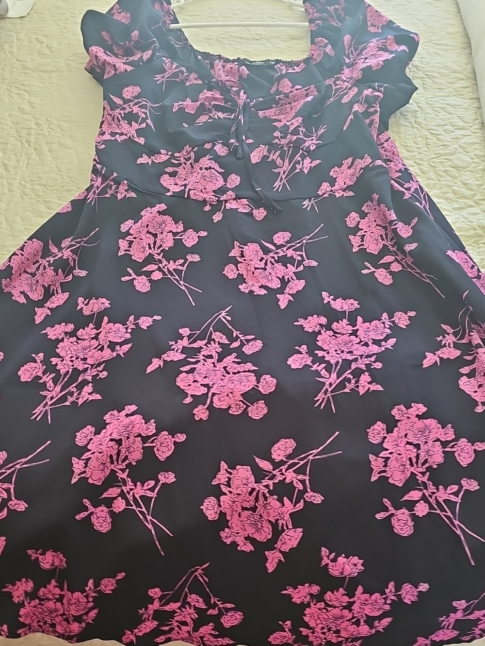 Women's Black Floral Tie-Neck Top with Pink Print
